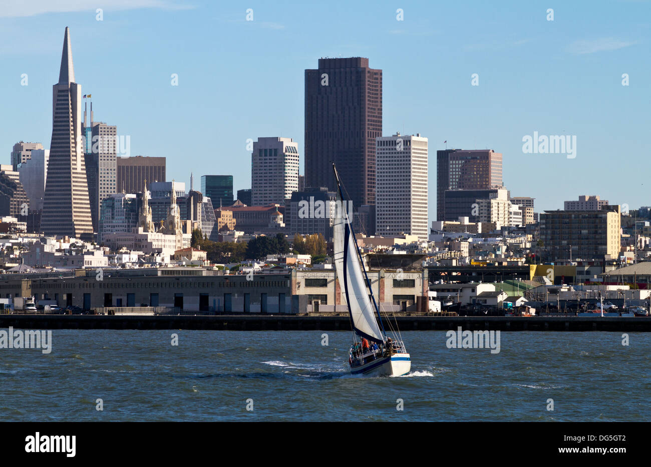 Ein Segelboot unter vollen Segeln in der Bucht von San Francisco mit der Skyline der Stadt mit der Transamerica Pyramide im Hintergrund. Stockfoto