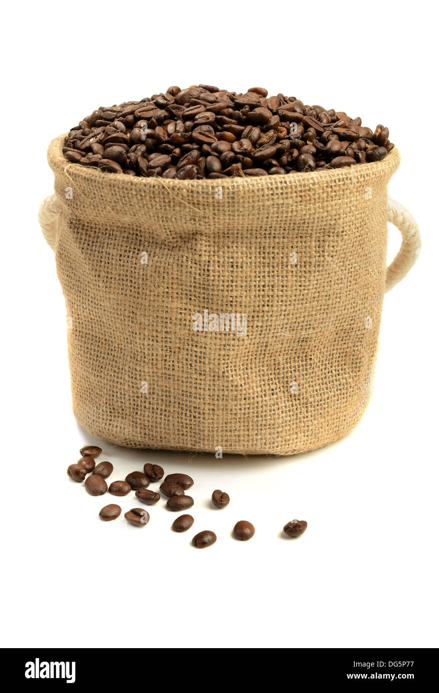 Kaffeebohnen in Canvas sack Stockfoto