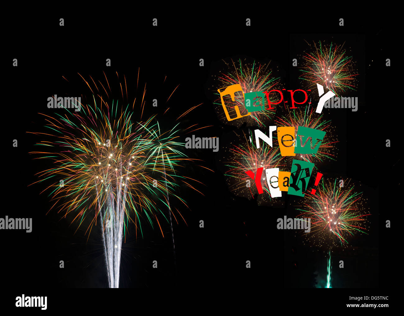 Glückliches Neujahr 2014 bunte buntes Feuerwerk auf schwarzem Hintergrund. Siehe auch mit 2014, DG5TNK und Feliz Año Nuevo DG5TNA Stockfoto