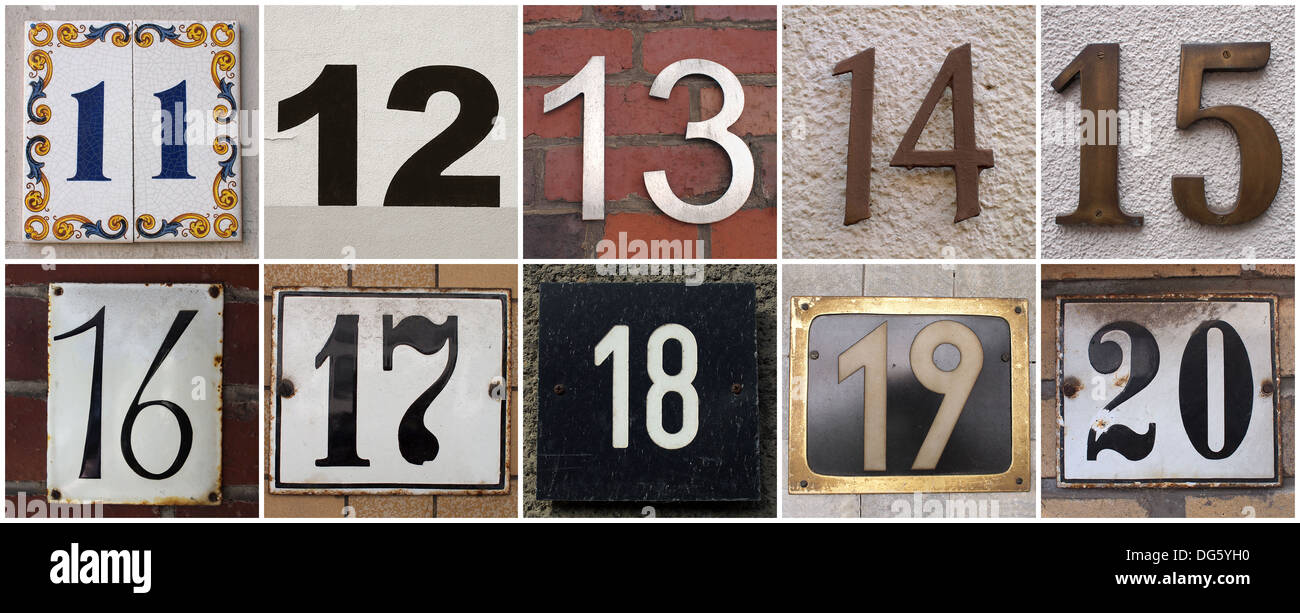 Satz von Hausnummern von 11 bis 20 Stockfoto