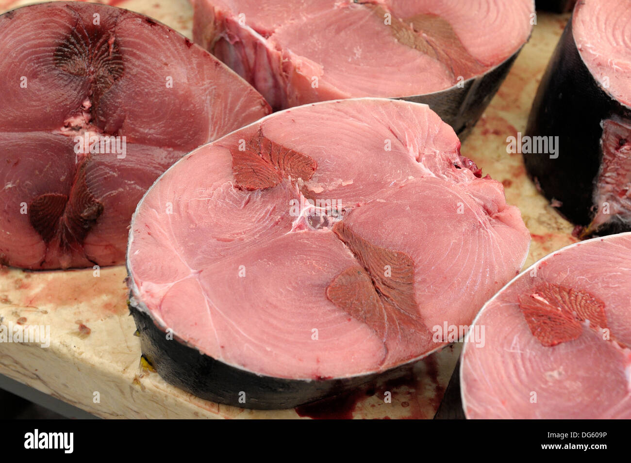 Frisch geschnittene Thunfisch-steaks Stockfoto