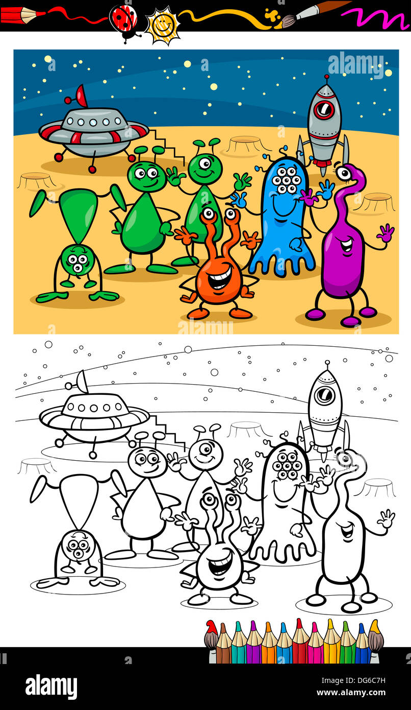 Coloring Book oder Seite Cartoon Illustrationen von Fantasy Aliens oder Marsmenschen Comic Maskottchen Figuren Gruppe für Kinder Stockfoto