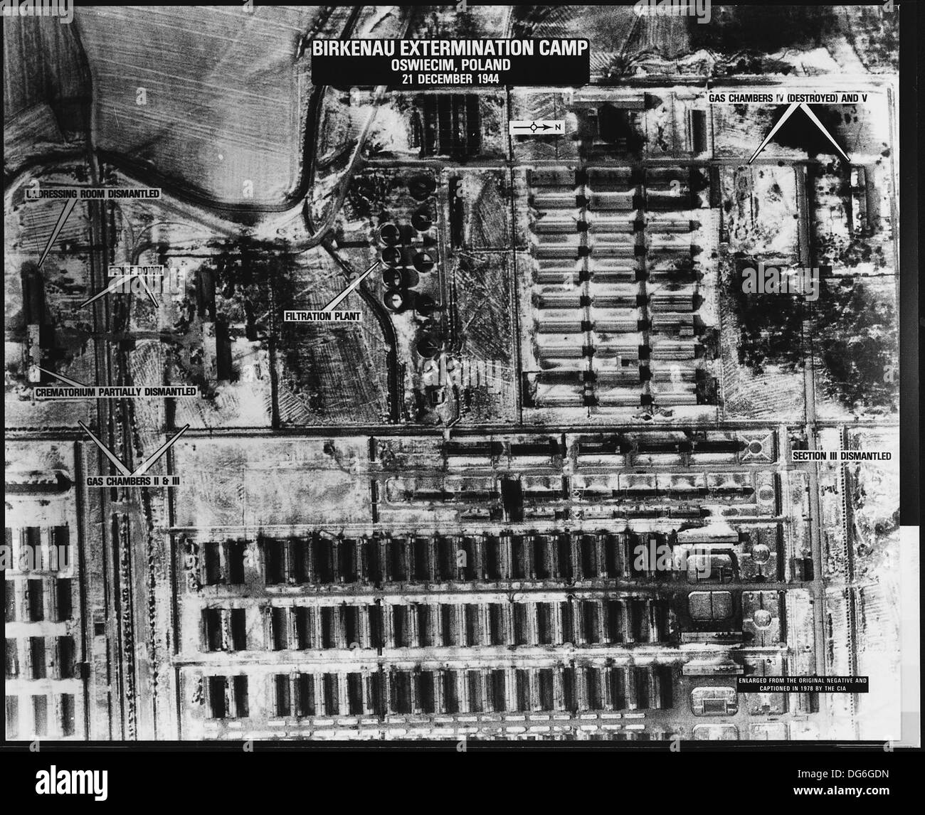 Dieses Foto zeigt das Vernichtungslager Birkenau, Teil des Auschwitz-Komplexes in Oswiecim, Polen. Birkenau war ein bedeutender Ort des Holocaust, an dem im Zweiten Weltkrieg auf tragische Weise unzählige Menschenleben starben Stockfoto