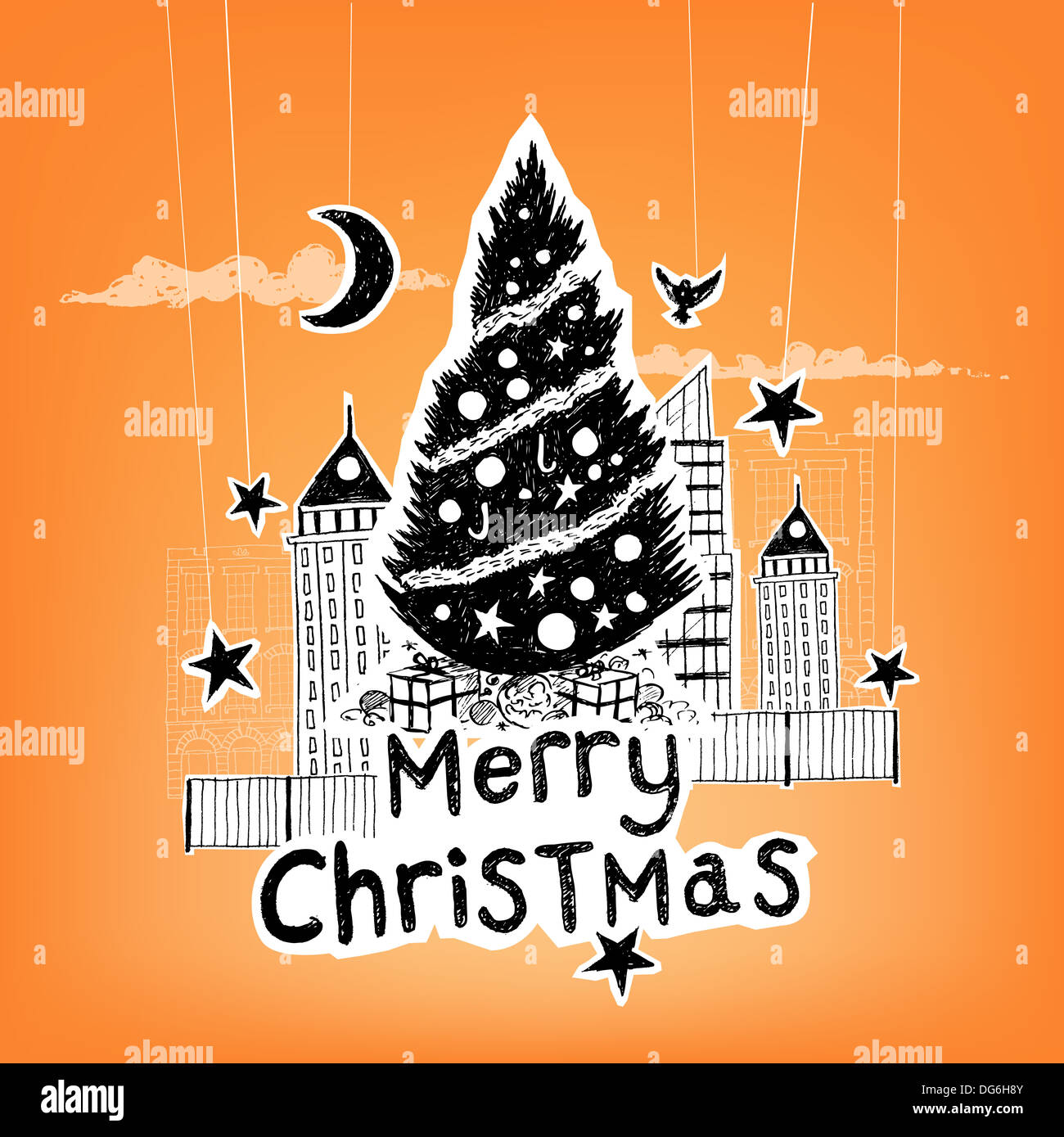 Paper City Christmas - Weihnachten unter dem Motto handgezeichnete Weihnachten Vektorelemente. Stockfoto