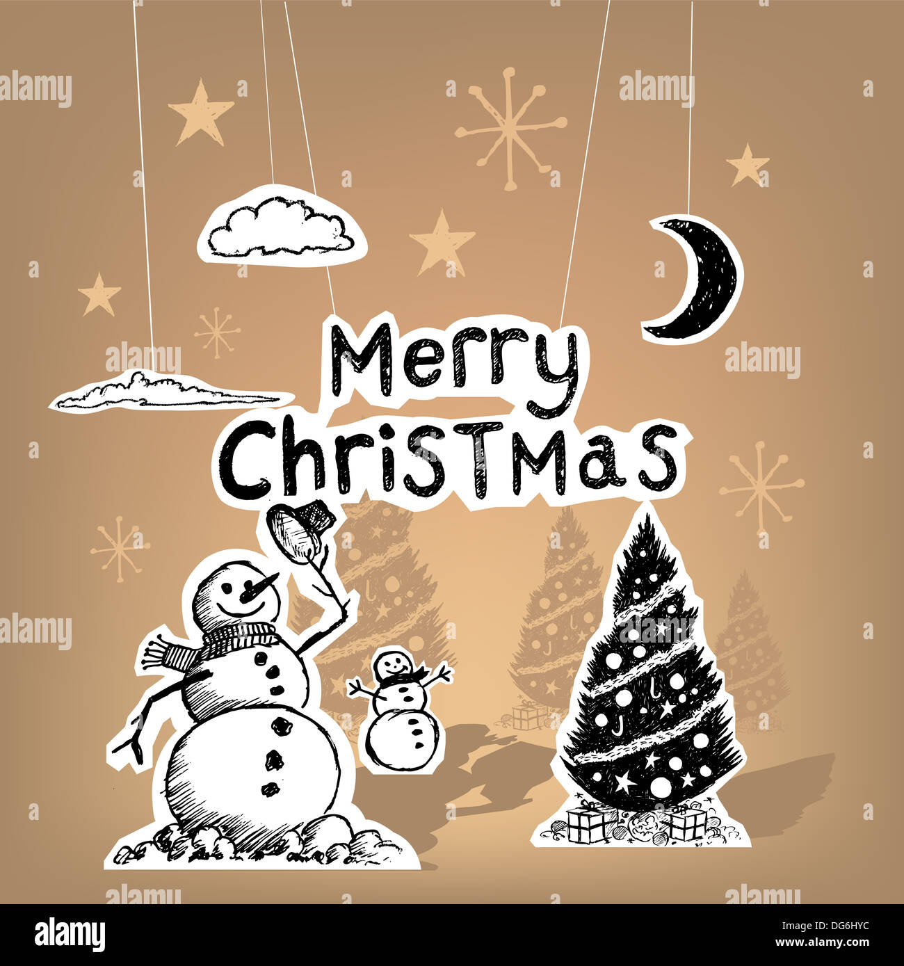 Frohe Weihnachten-Papier-Vektor mit Schneemänner und der Weihnachtsbaum. Stockfoto