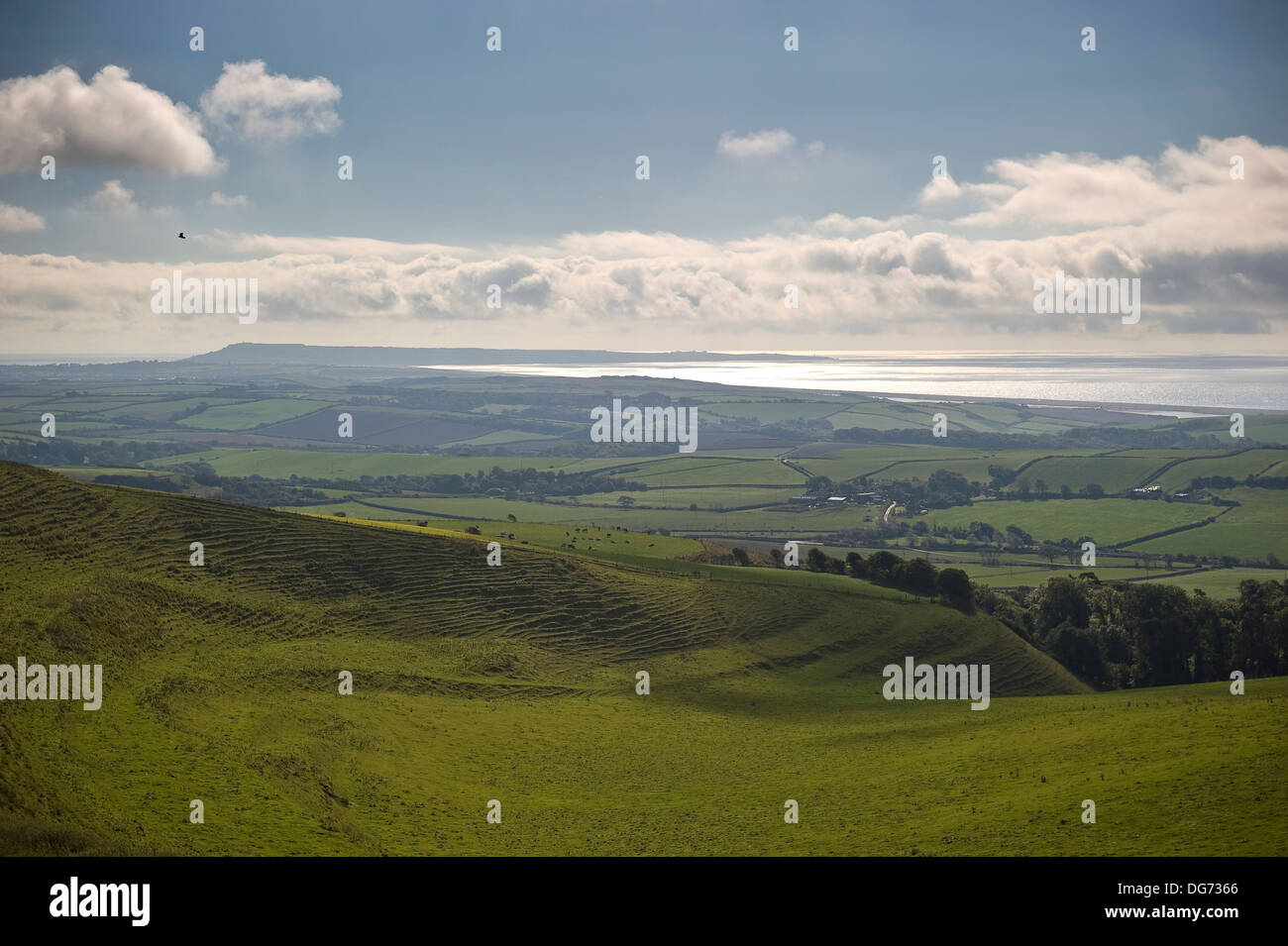 Blick über Downland, Chesil Beach, The Fleet und Portland in der Nähe von Portesham in Dorset, Großbritannien Stockfoto