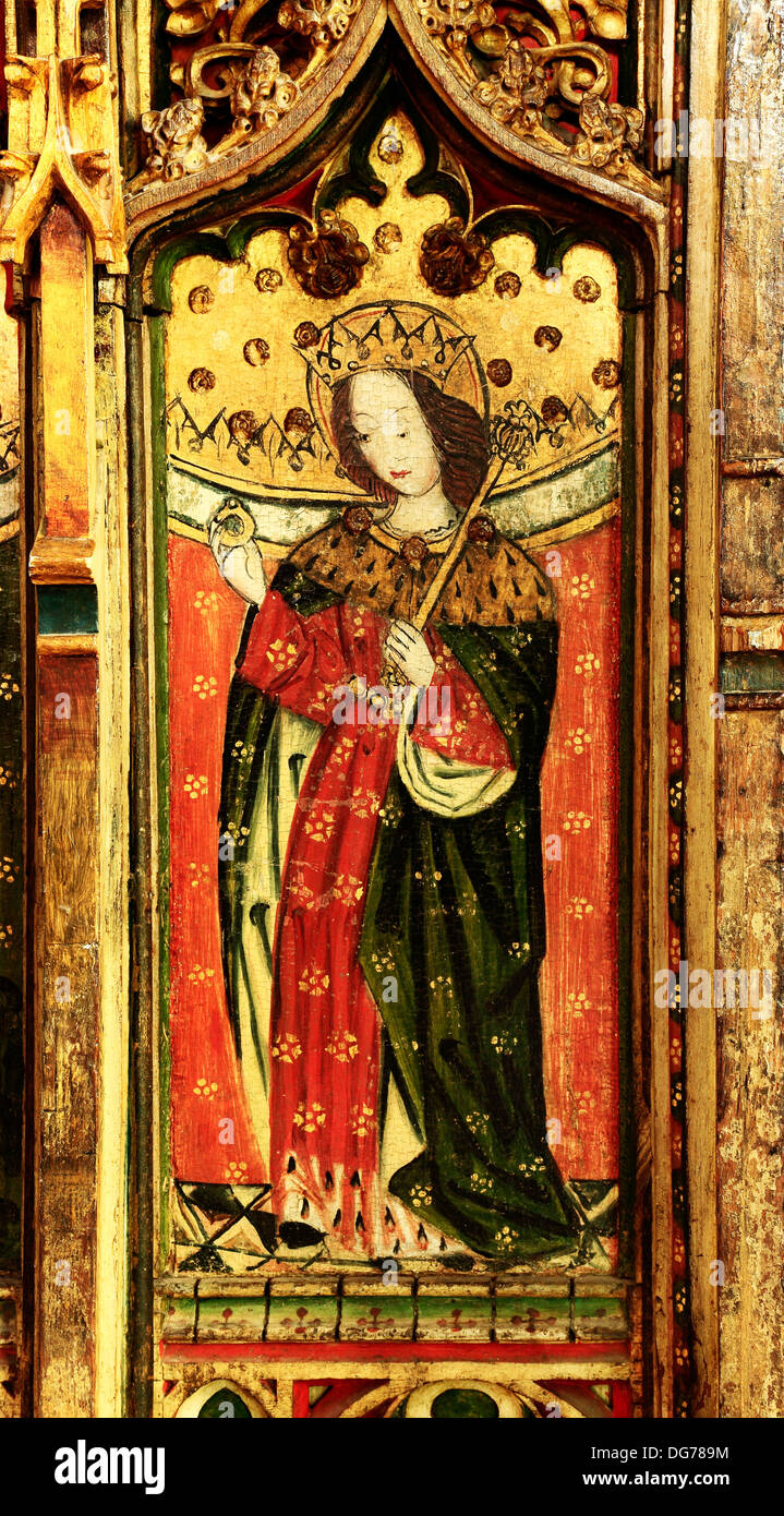 Auge, Suffolk, St. Eduard dem Bekenner, mittelalterliche 15. Jahrhundert Lettner Malerei, England UK Gemälde Bildschirme sächsische König Stockfoto