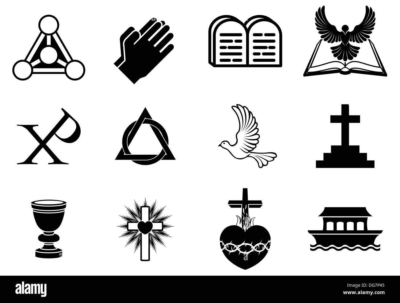 Christentum-Icons und Symbole, einschließlich Taube, Chi-Ro, beten Händen, Bibel, Trinity Christogramm, Kreuz, Kommunion Kelch, Arche Stockfoto