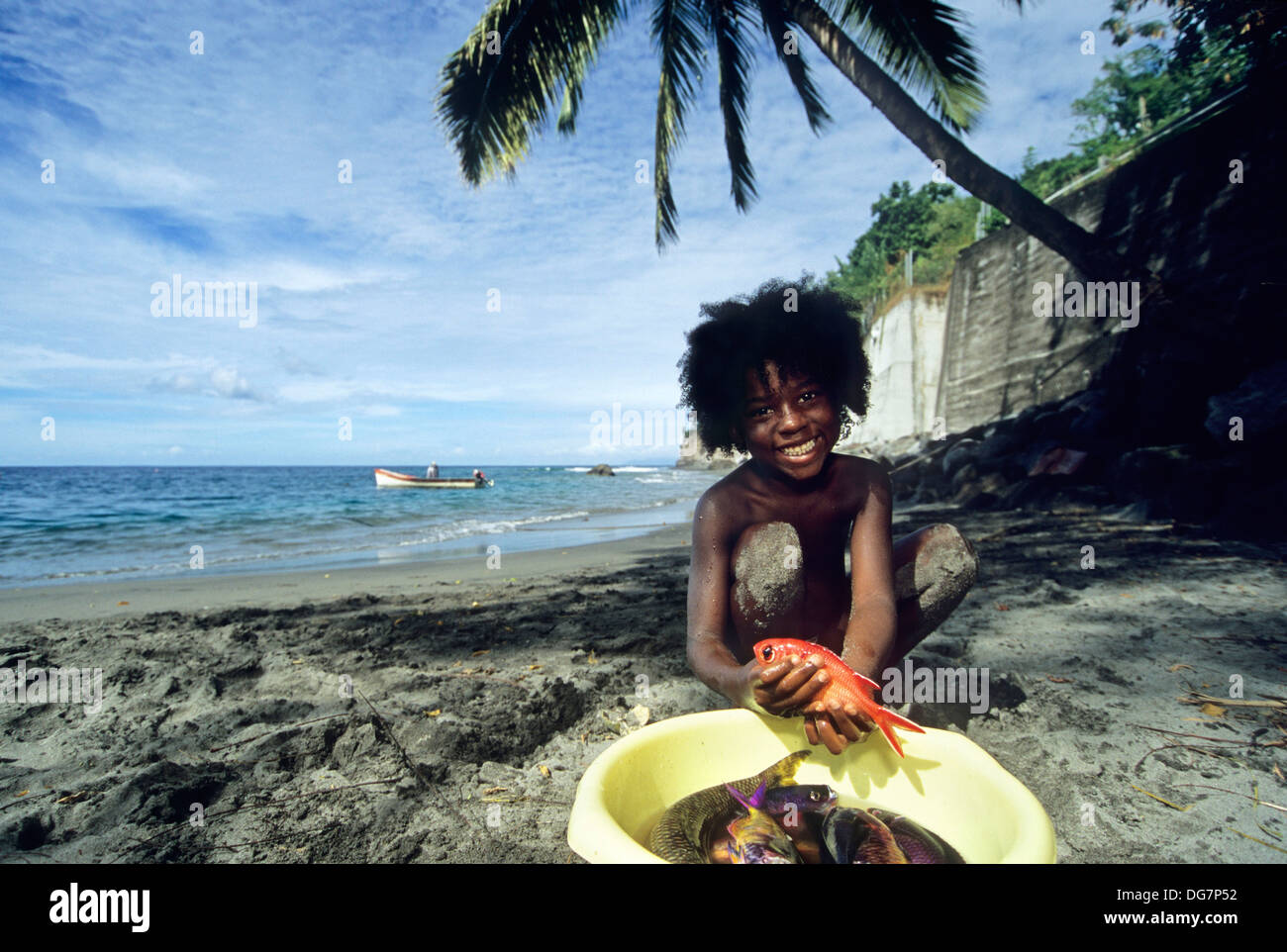 petite Fille Mieter un Poisson Rouge Sur la Plage de Petite Anse Ceron Ile De La Martinique Departement et Region D´Outremer Stockfoto