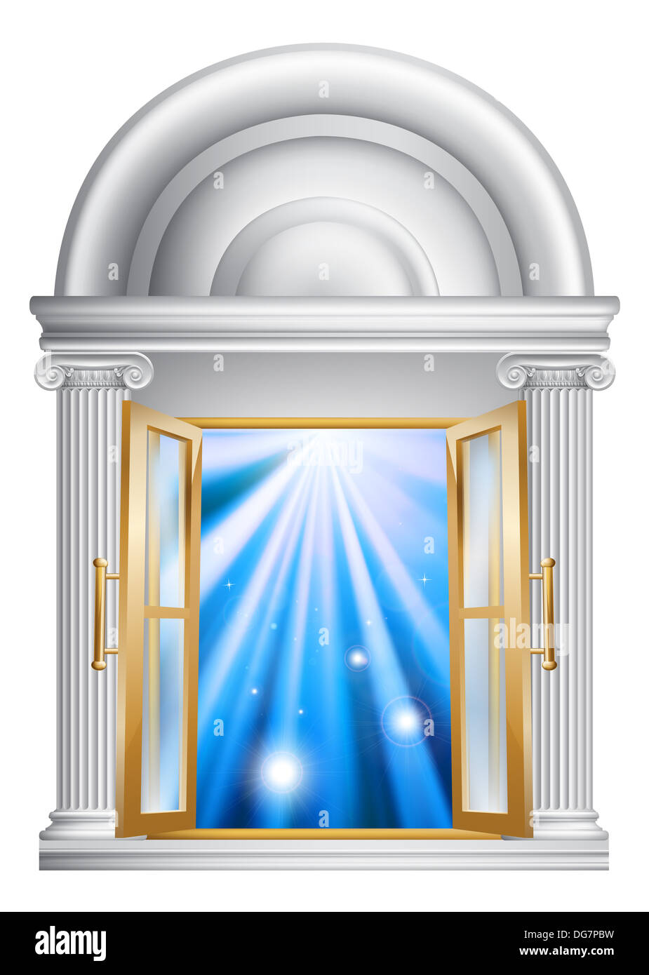 Abbildung aus einem offenen Marmor Tür Eingang mit Blaulicht auf der anderen Seite könnte ein Konzept für Himmel oder Leben nach dem Tod Stockfoto