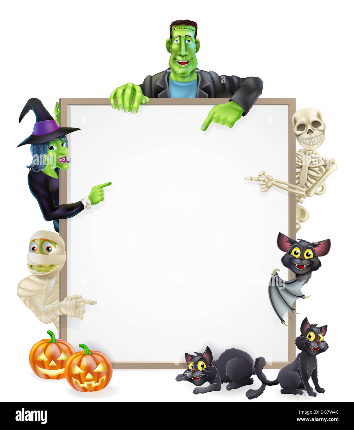 Halloween Schild Comicfiguren Mumie, Frankenstein, Fledermaus, Skelett und Hexe Stockfoto