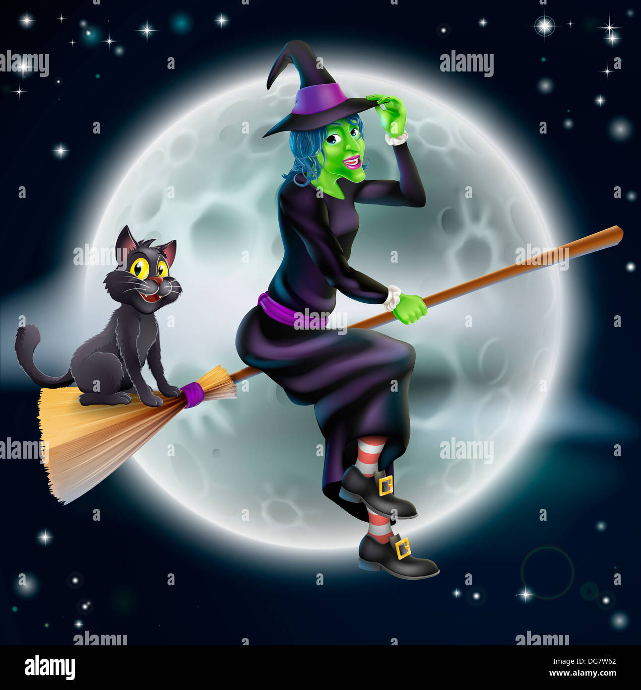 Ein Halloween-Beispiel für eine grüne Hexe auf ihrem Besen mit ihrer Katze vor einem Stern fliegen beleuchteten Nachthimmel mit Vollmond Stockfoto