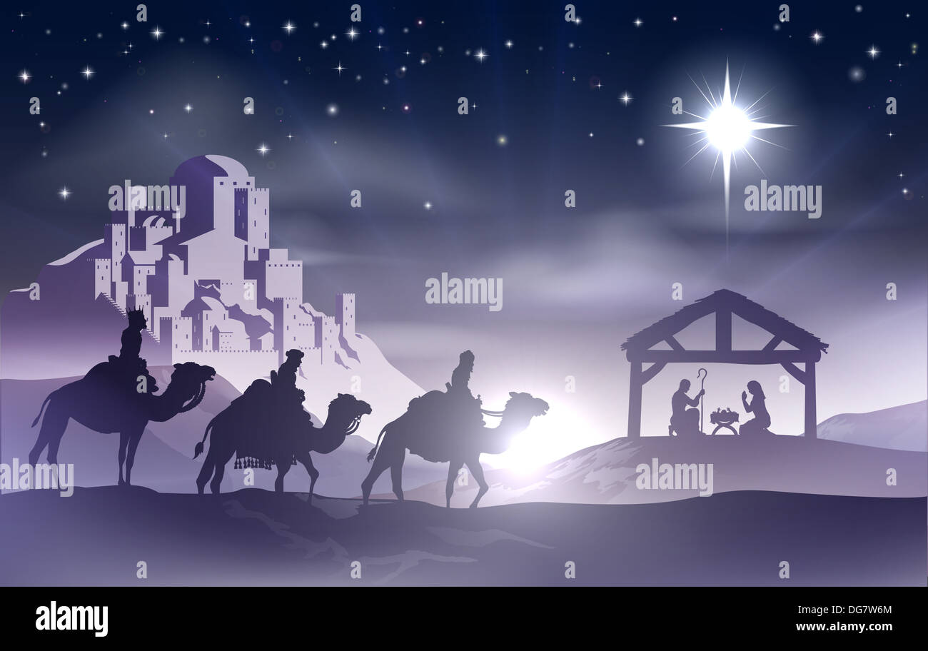 Christlichen Weihnachtskrippe, Jesus in der Krippe in Silhouette, drei