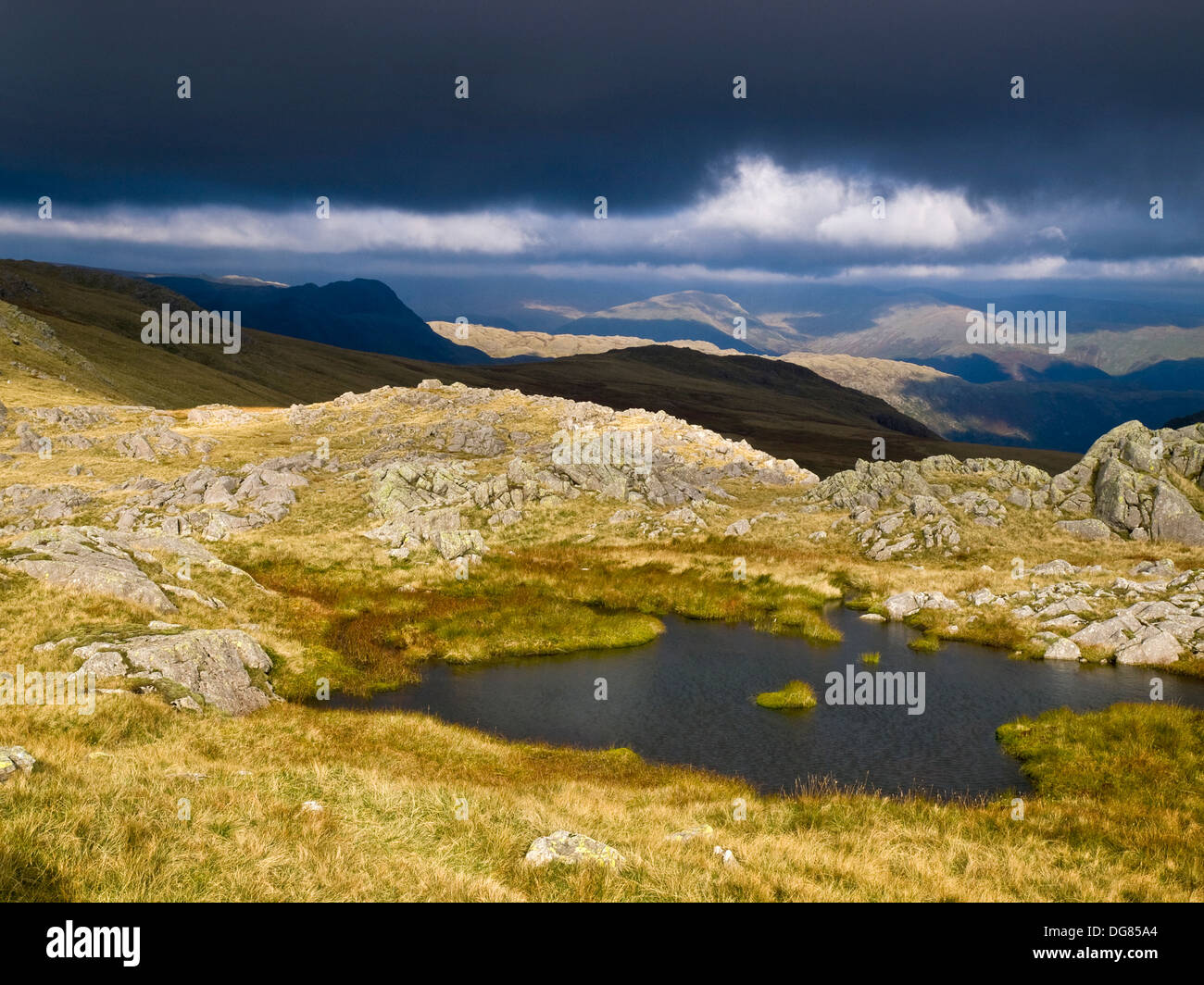 Licht und Schatten auf die Seenplatte Fells oben Langdale Stockfoto