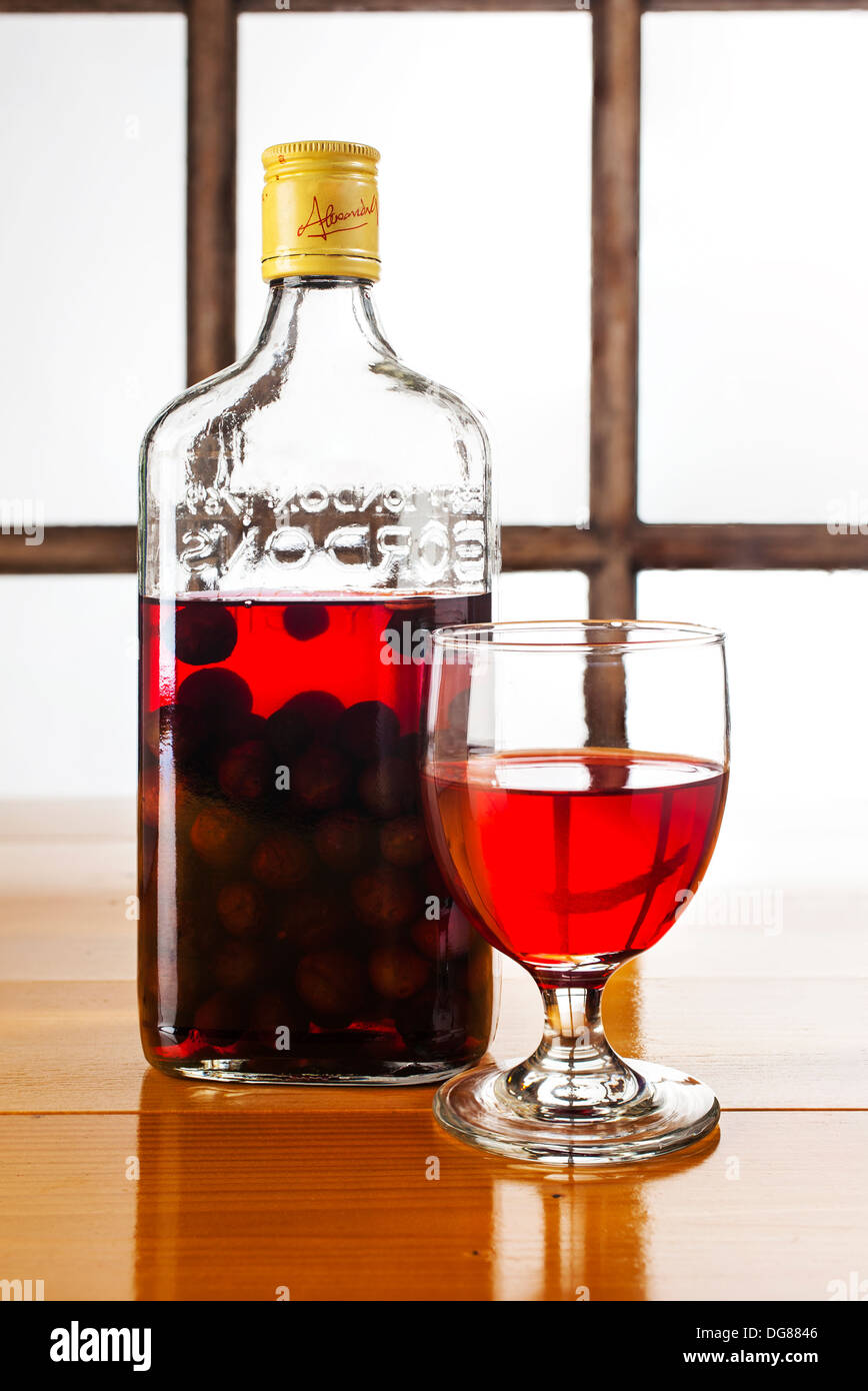 Sloe Gin - hausgemachte Sloe Gin mit Beeren in der Flasche Stockfoto