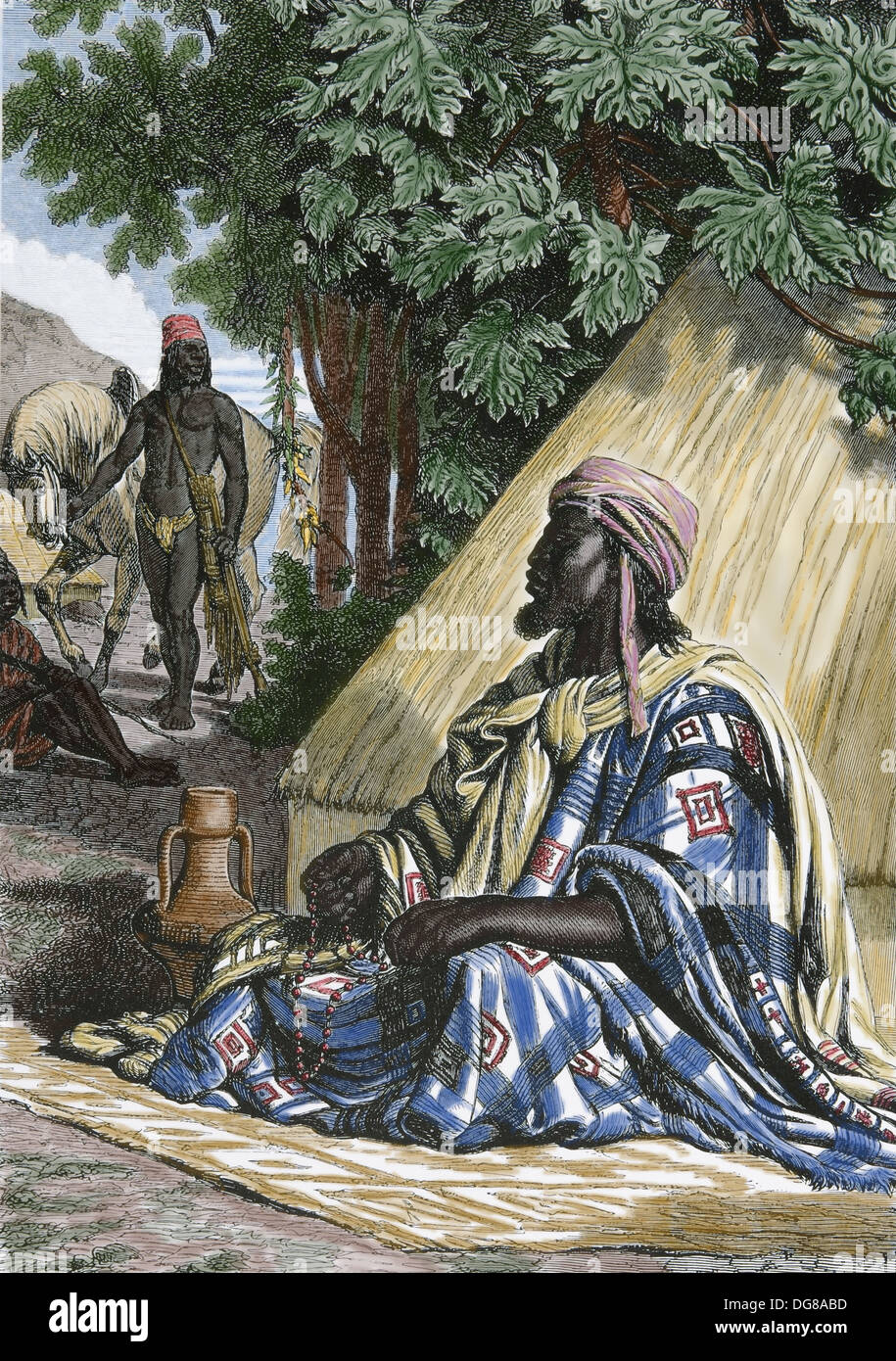 Afrika. Sudan. Nuba-Chef, c. 1800. Gravur. Spätere Färbung. 19. Jahrhundert. Stockfoto