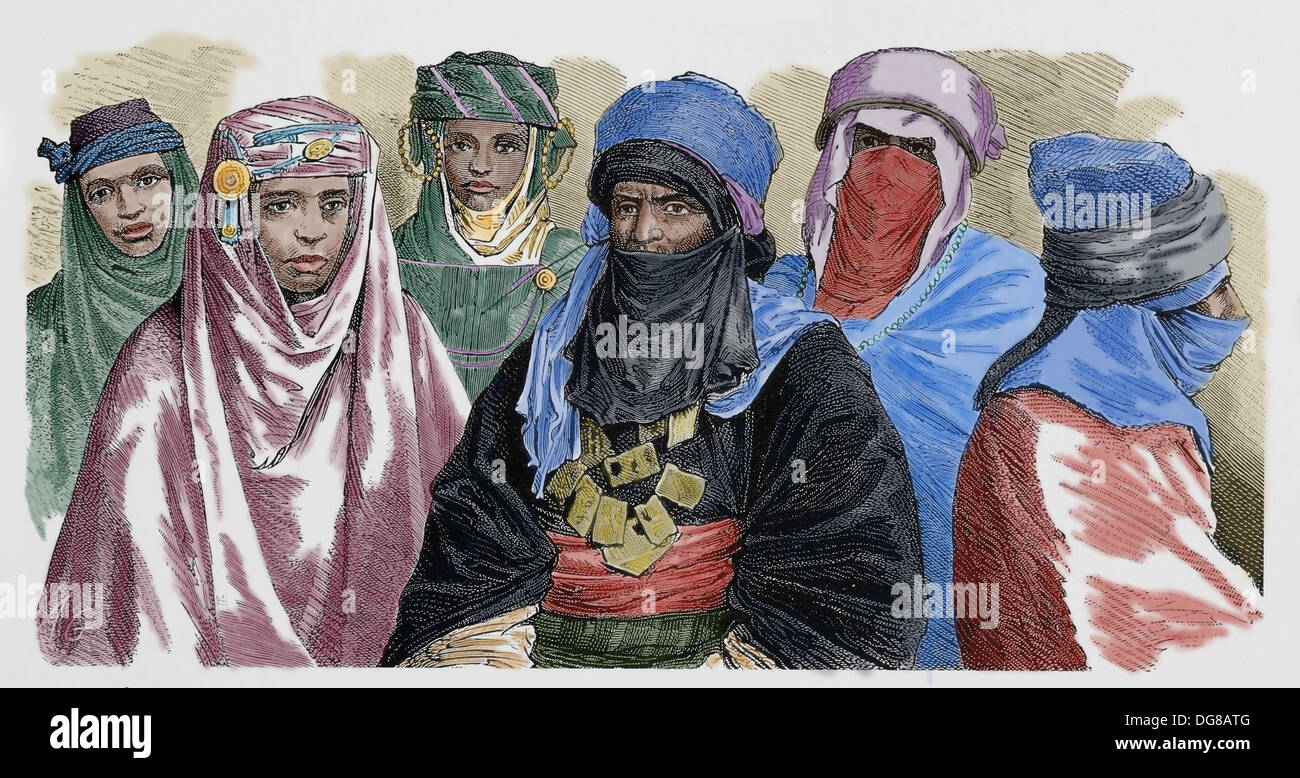 Afrika. Algerien. Sahara Tuareg, um 1900. In der Regel sind die Männer verhüllt, die Frauen nicht. Kupferstich, 19. Jahrhundert. Stockfoto