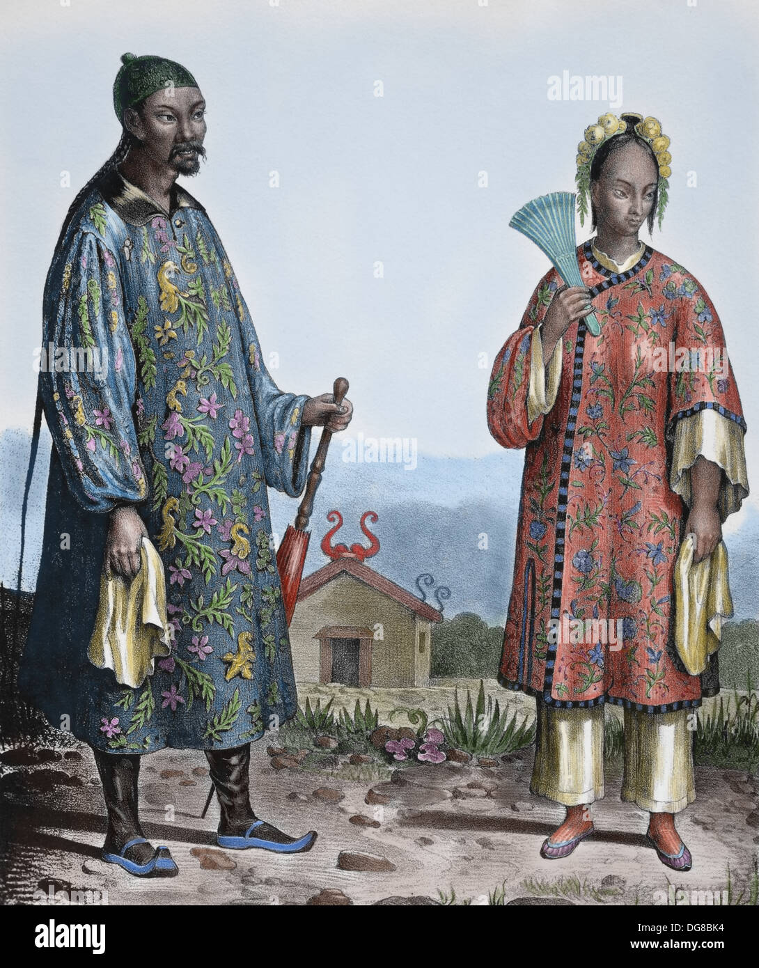 Asien. China. Aristokratischen paar, um 1840. Gravur. Spätere Färbung. des 19. Jahrhunderts. Stockfoto