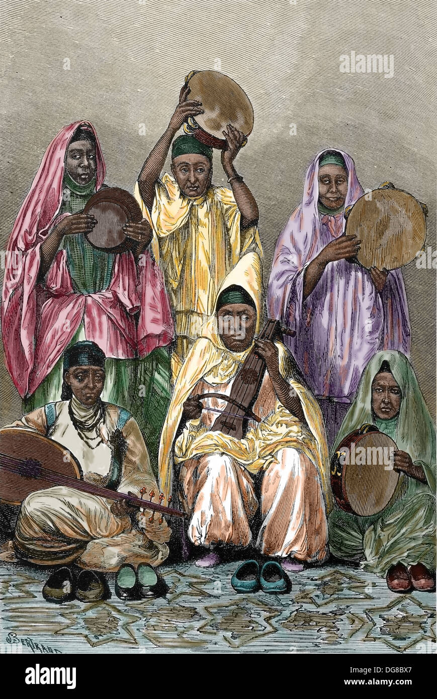 Nordafrika. Algerien /Tunisia. Tuareg-Musiker. des 19. Jahrhunderts. Gravur. Spätere Färbung. Stockfoto