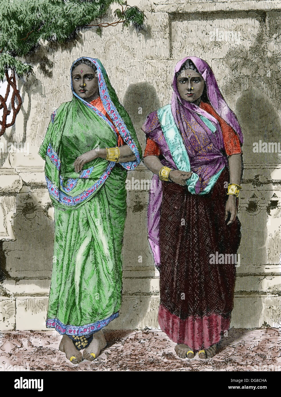 Asien. Indien. Hindu-Frauen in Bombay. 1870. Gravur (spätere Färbung). Stockfoto
