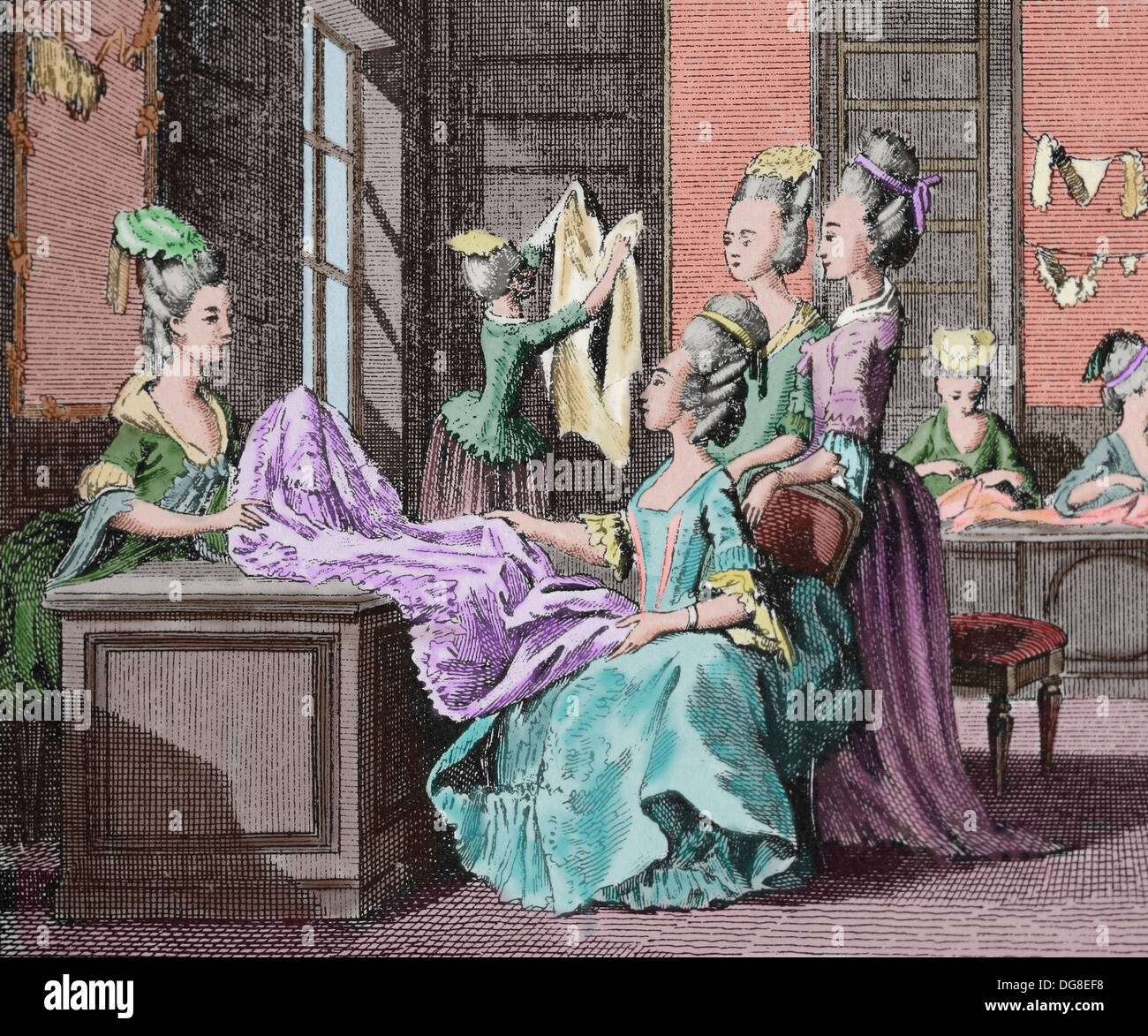 Mode. Haute Couture. Illustration der "Encyclopedie". 18. Jahrhundert. Veröffentlicht in Frankreich zwischen 1751-1772. Stockfoto