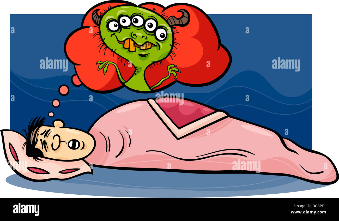 Cartoon Concept Illustration der lustigen Mann träumt einen Alptraum über Monster Stockfoto