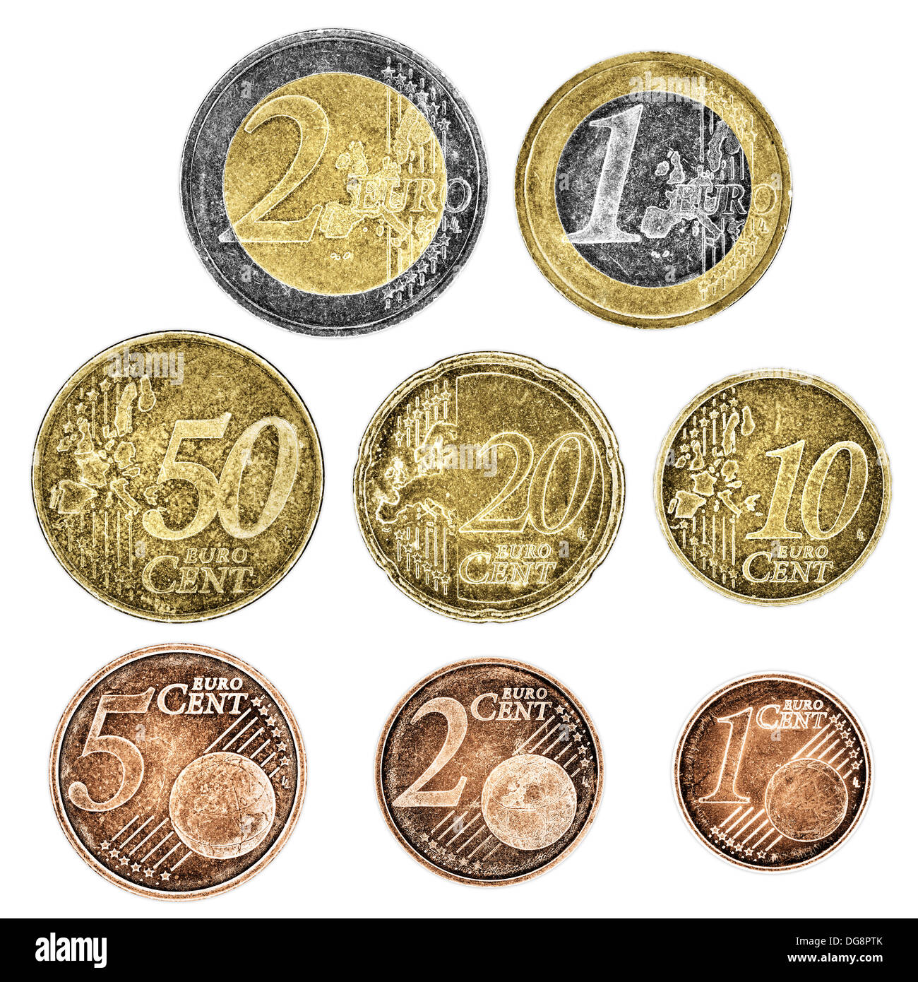 Eine Reihe von gut getragen Euromünzen auf weißem Hintergrund Stockfoto