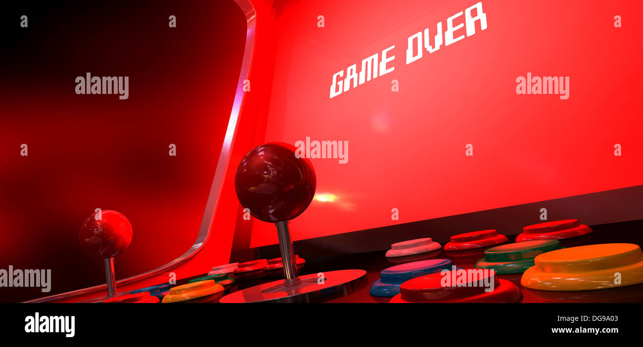 Ein Vintage Arcade-Spiel-Maschine mit einem hellen rot beleuchteten Bildschirm, der Spiel vorbei in weiß auf einem dunklen Arcade-Hintergrund liest Stockfoto