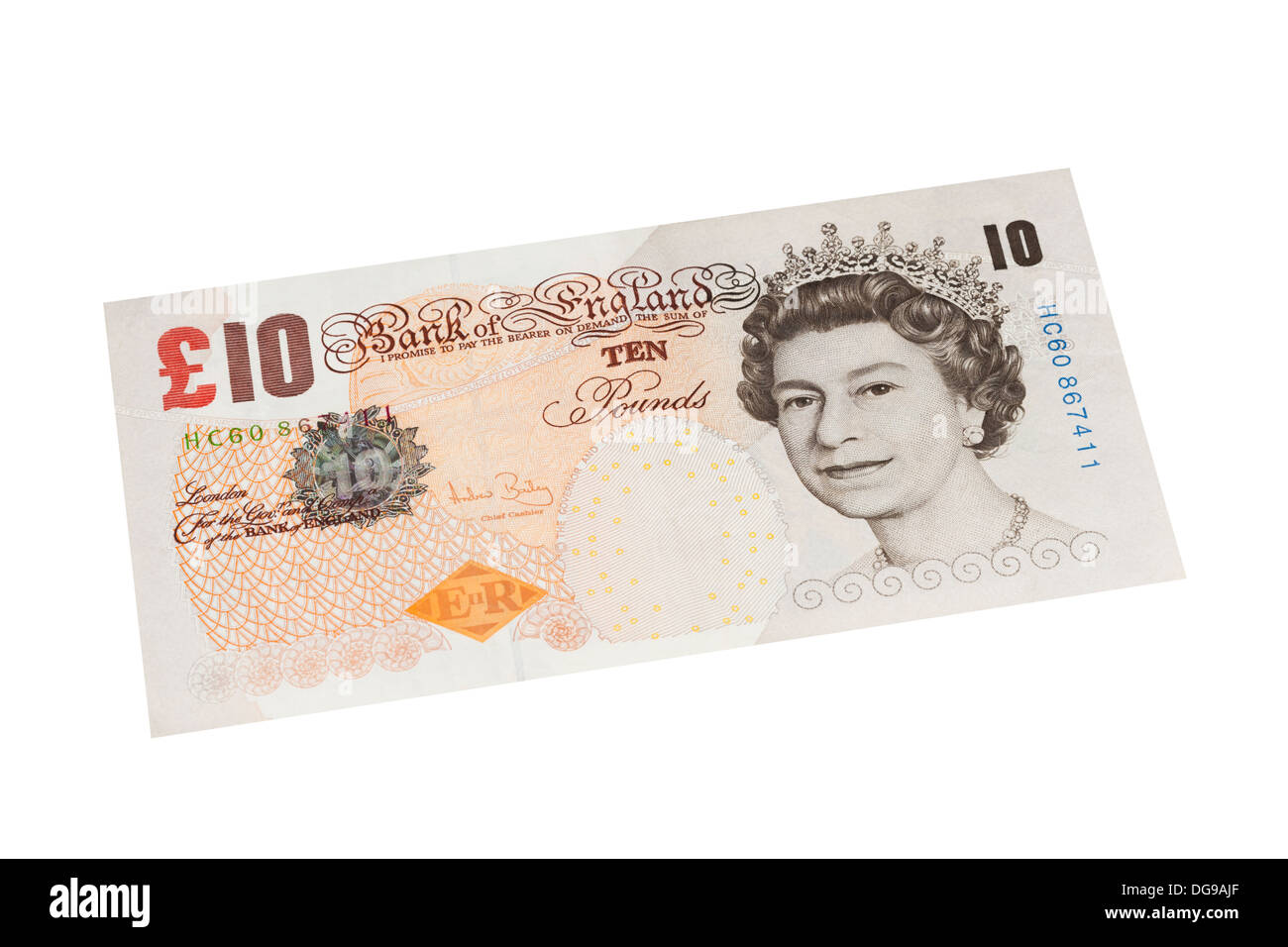 Englische zehn-Pfund-Note auf einem weißen Hintergrund Stockfoto