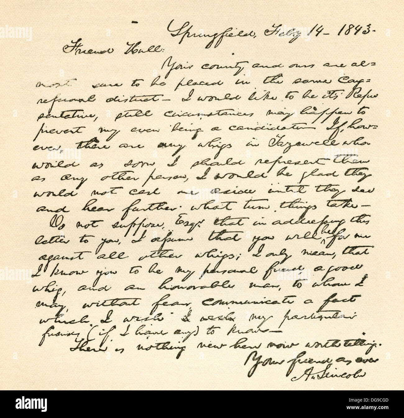 Brief von Abraham Lincoln, Alden Hall, datiert 14. Februar 1843 Stockfoto