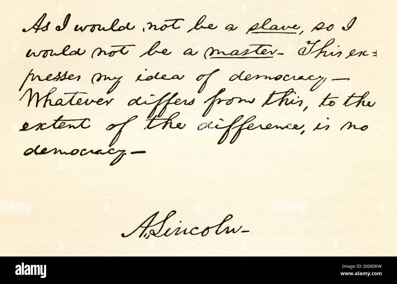 Handschrift und die Unterschrift von Abraham Lincoln, 1809-1865. 16. Präsident der Vereinigten Staaten von Amerika. Stockfoto