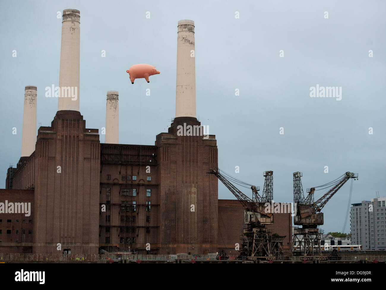 PInk Floyd feiern den Start von Warum Pink Floyd mit einer Nachbildung der 1977 Pink Floyd 'Tiere' in Battersea Power Station Stockfoto