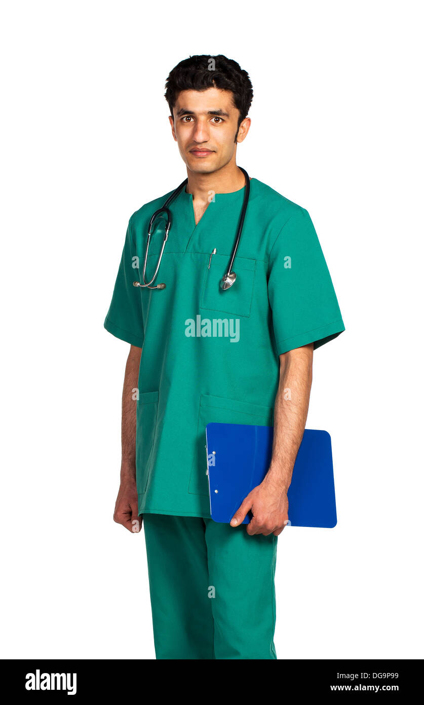 Porträt der Arzt arabischer Staatsangehörigkeit mit Gesundheitsakte auf weißem Hintergrund Stockfoto