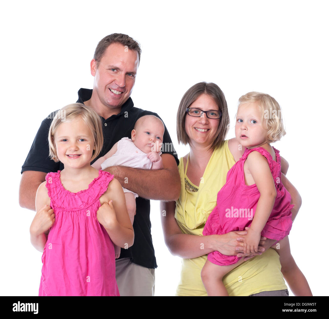 glückliche Familie, isoliert auf weißem Hintergrund Stockfoto