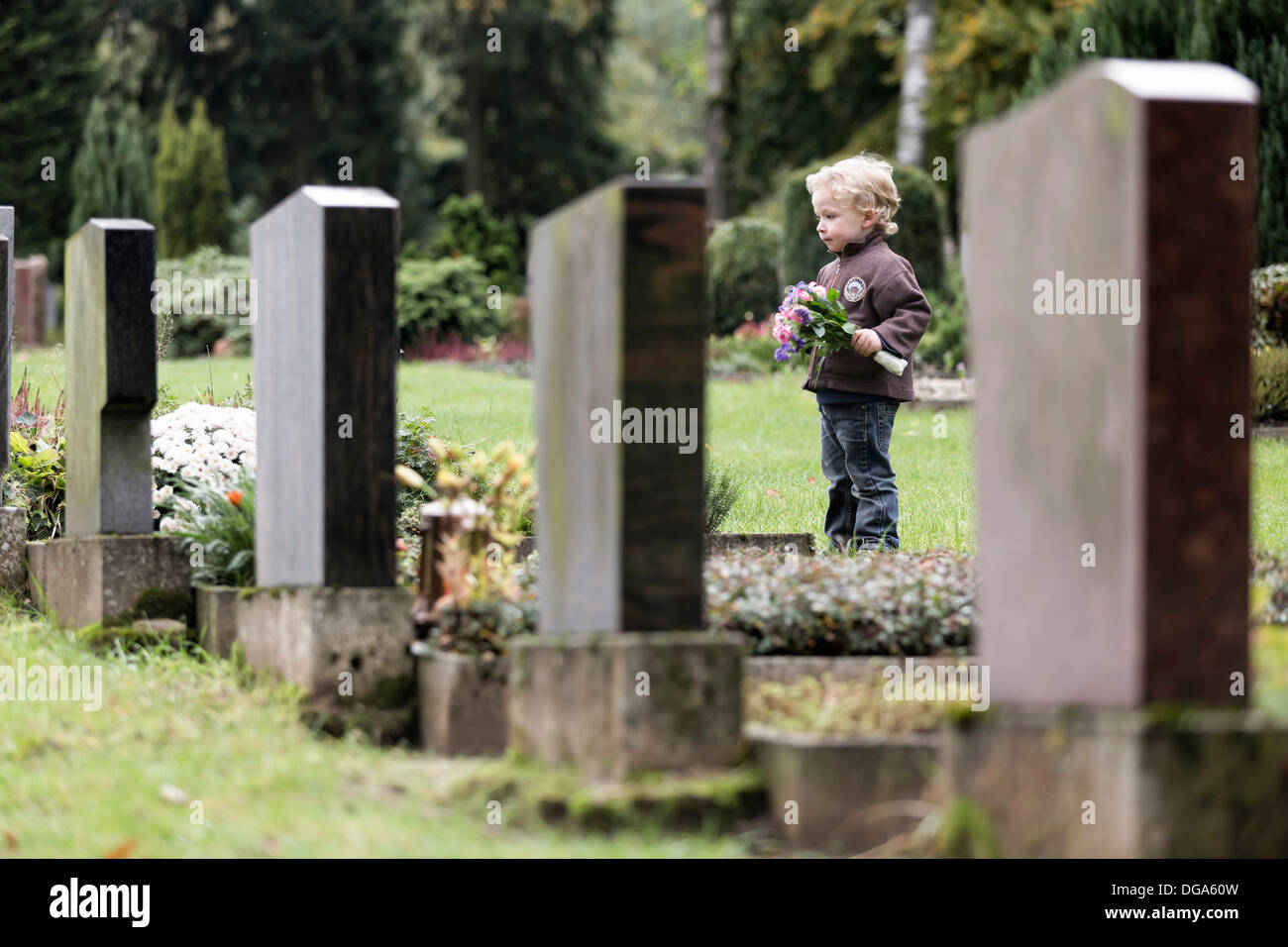 Junge, 3 Jahre, mit Blumen an einem Grab auf einem Friedhof Stockfoto