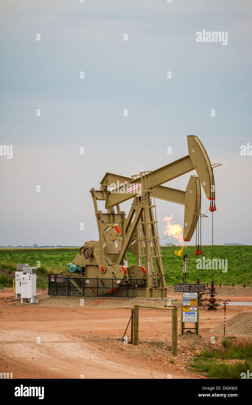 Öl-Pumper und Abfackeln Cenotes in den Bakken spielen Ölfelder in der Nähe von Williston, North Dakota, USA. Stockfoto