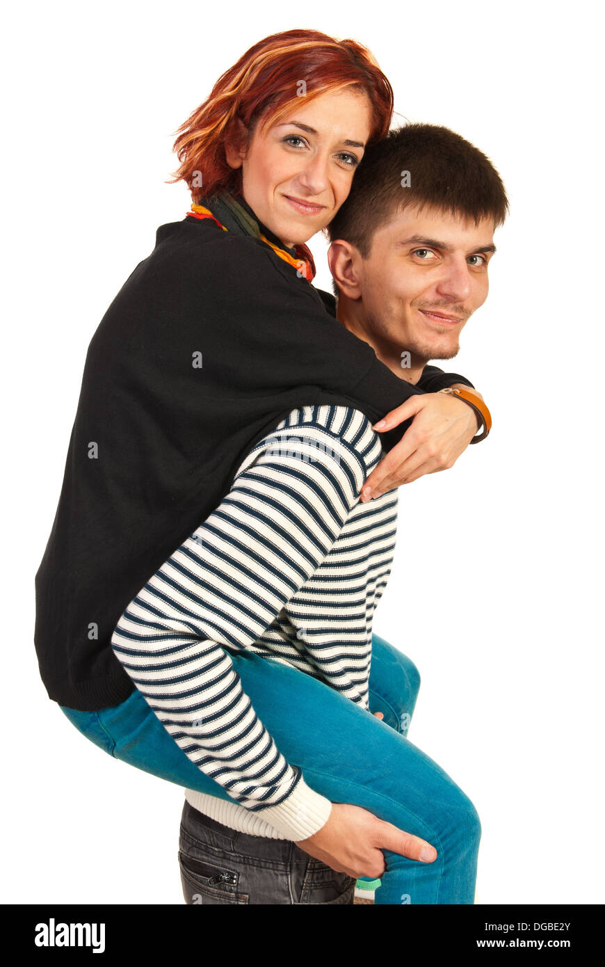 Mann Frau isoliert auf weißem Hintergrund Huckepack Fahrt geben Stockfoto