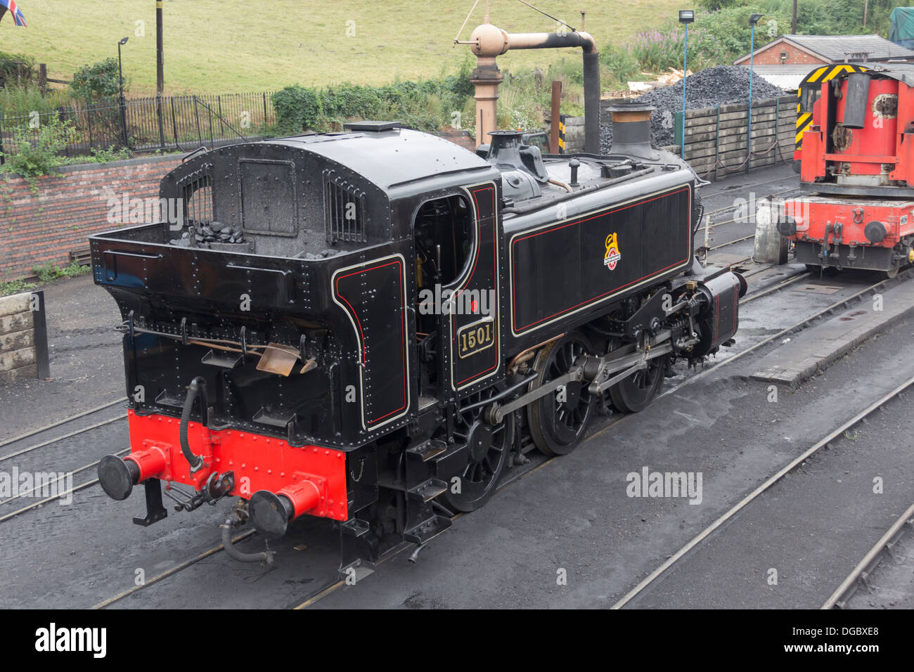 Erhaltene Dampfmaschine Pannier Tank 0-6-0 Nr. 1501, stehen in dem Bahnhofsgelände an Bridgnorth, Severn Valley Railway. Stockfoto