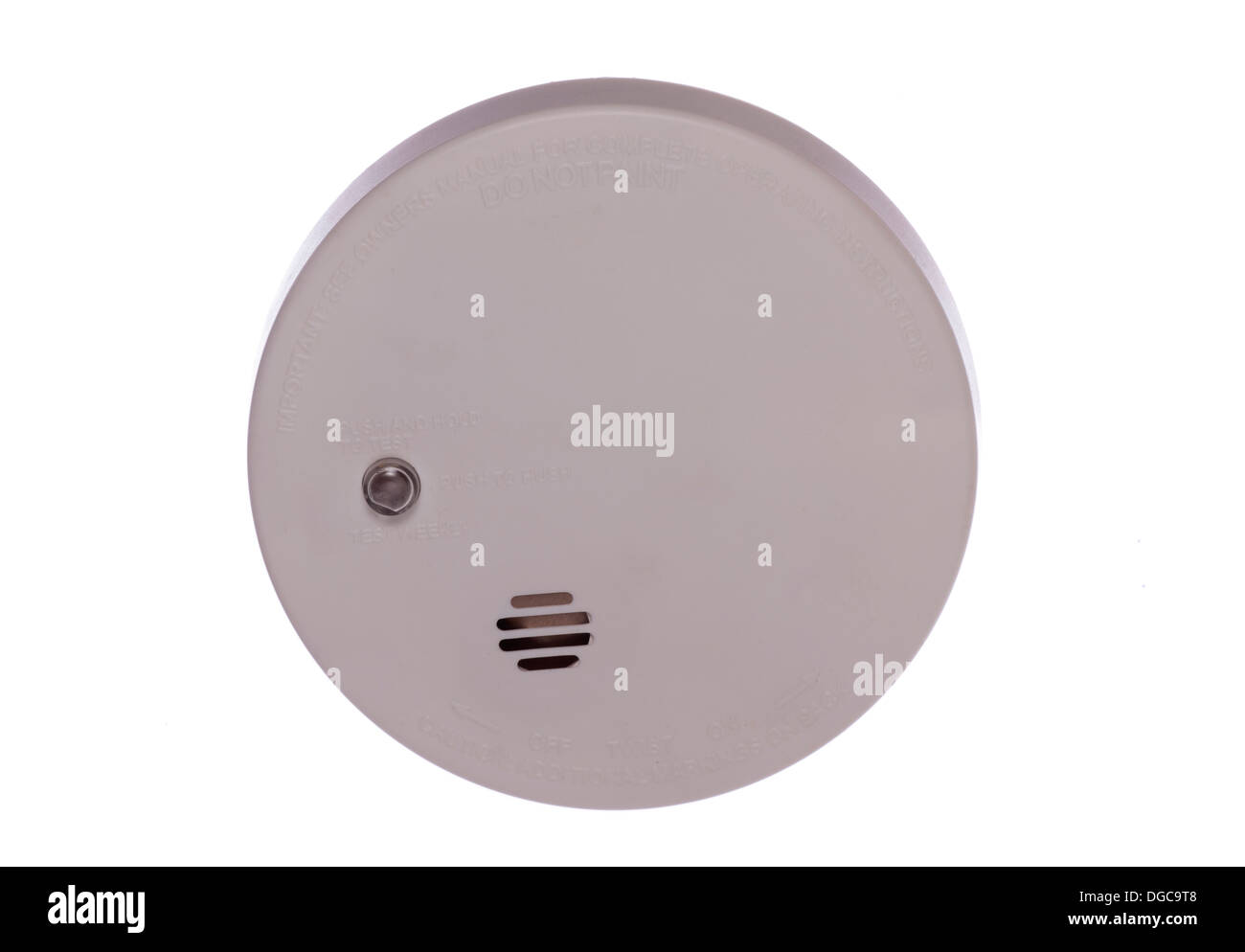 Rauchmelder, die isoliert auf weißem Hintergrund Stockfoto