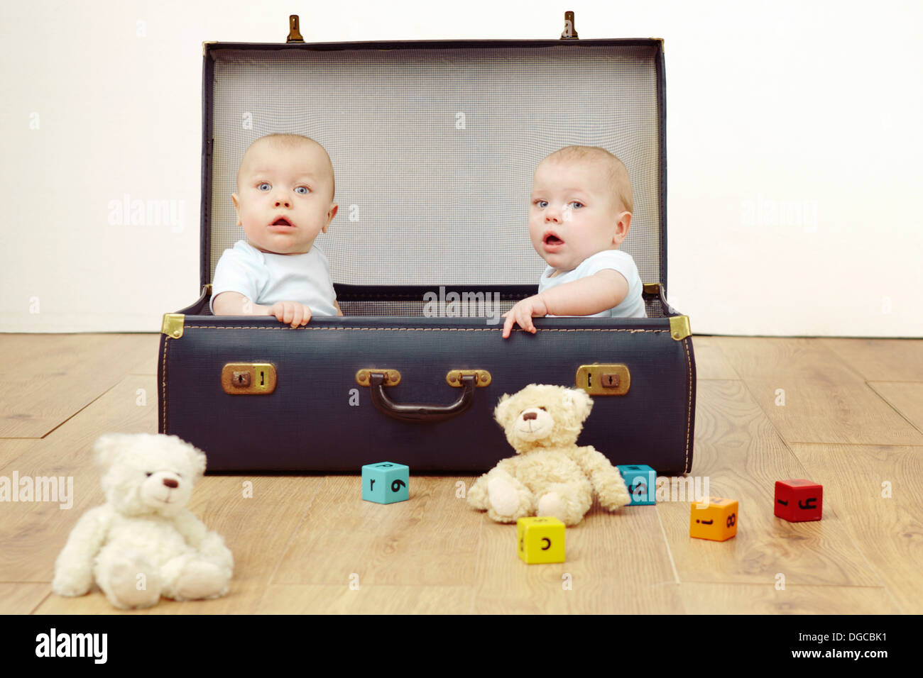 Zwei baby-jungen sitzen im Koffer, Porträt Stockfoto