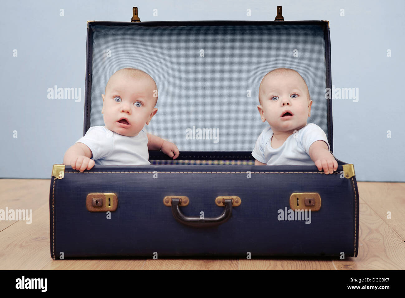 Zwei baby-jungen sitzen im Koffer, Porträt Stockfoto