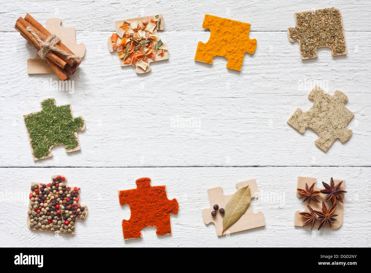 Essen Zutaten Gewürze und Puzzle-Diät-Hintergrund-Konzept Stockfoto