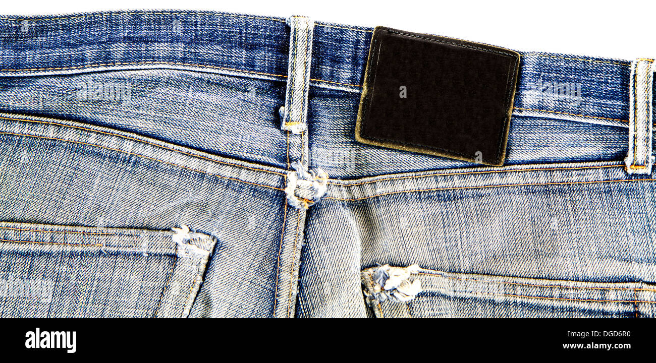 Leere Leder-Jeans-Label auf eine alte gebrauchte jeans Stockfoto