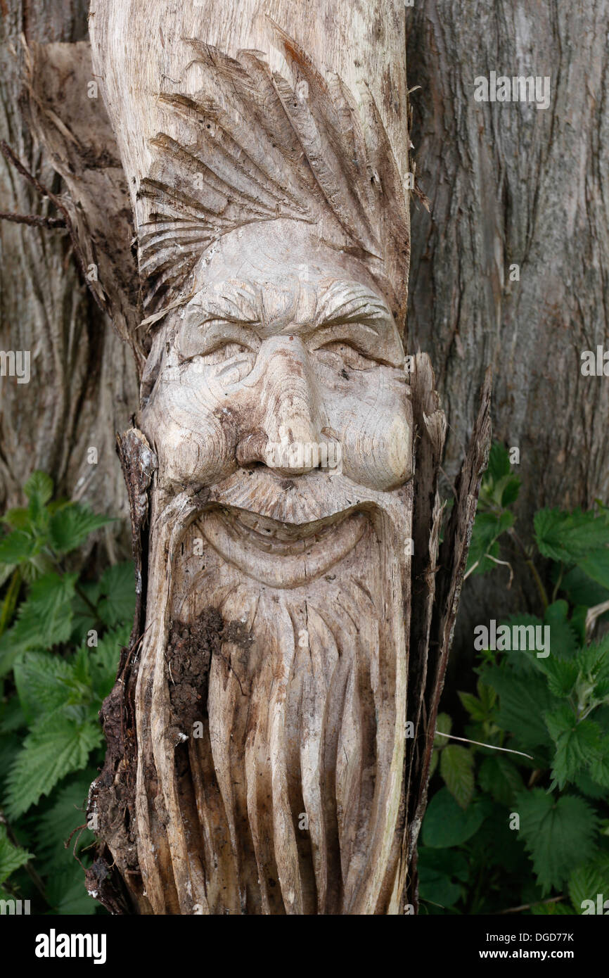 geschnitzte hölzerne Gesicht in einem Garten Stockfoto