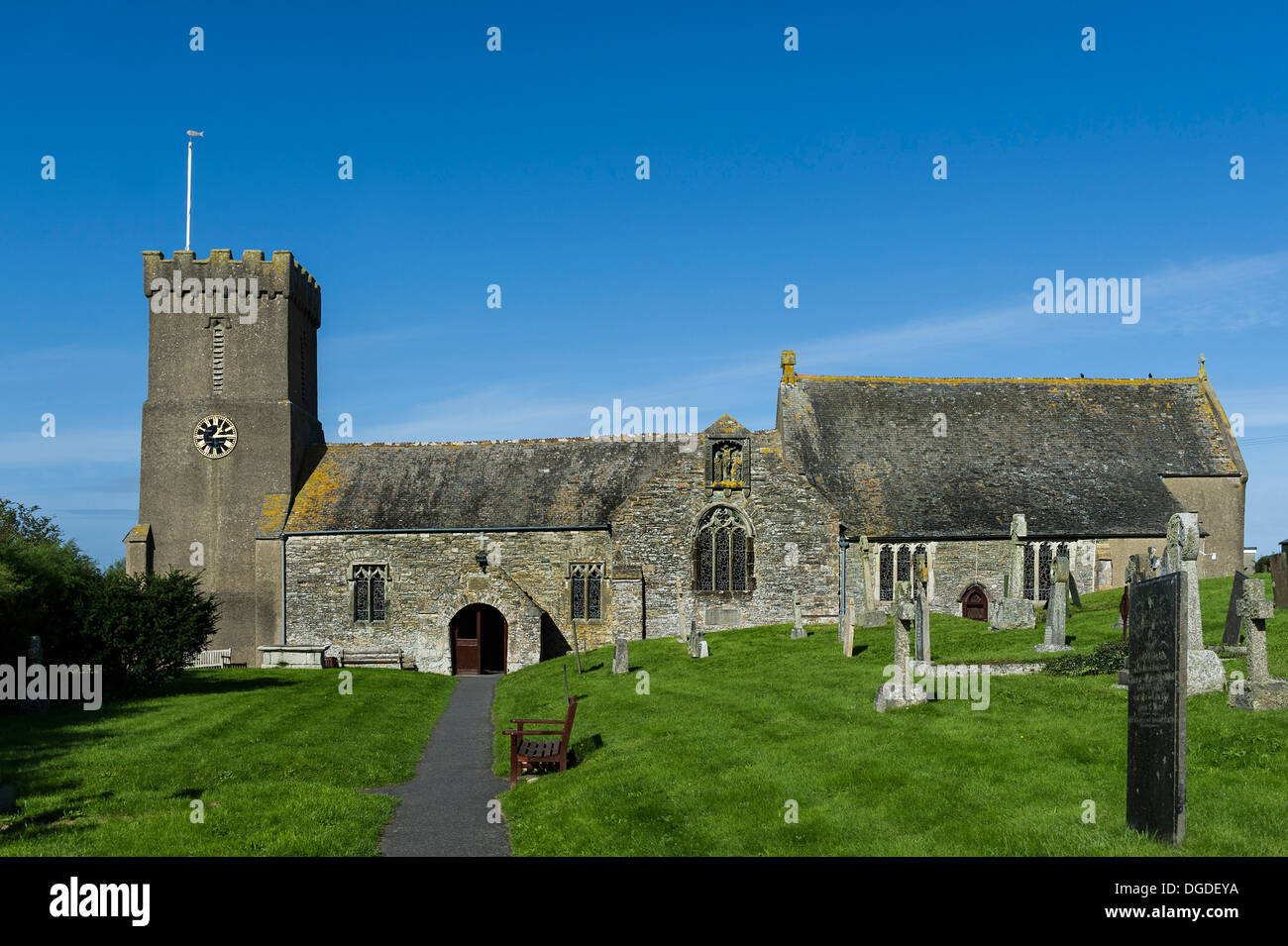 Die Note 1 St Carantoc der Kirche im Dorf Crantock, Cornwall. Stockfoto