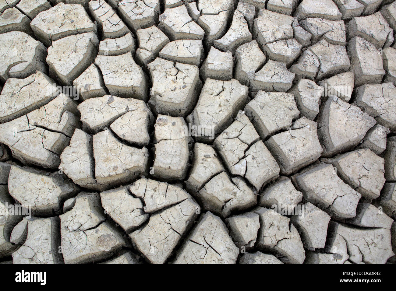 Große Risse in gebrannter Erde von getrockneten Wasserloch während Dürre am Ende der Trockenzeit im Yala-Nationalpark, Sri Lanka Stockfoto