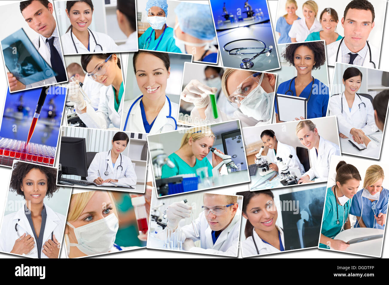 interracial medizinisches Personal Menschen, Männer, Frauen, Ärzte, Krankenschwestern & Teams in Krankenhäusern und Labors mit Ausrüstung & Röntgenstrahlen Stockfoto