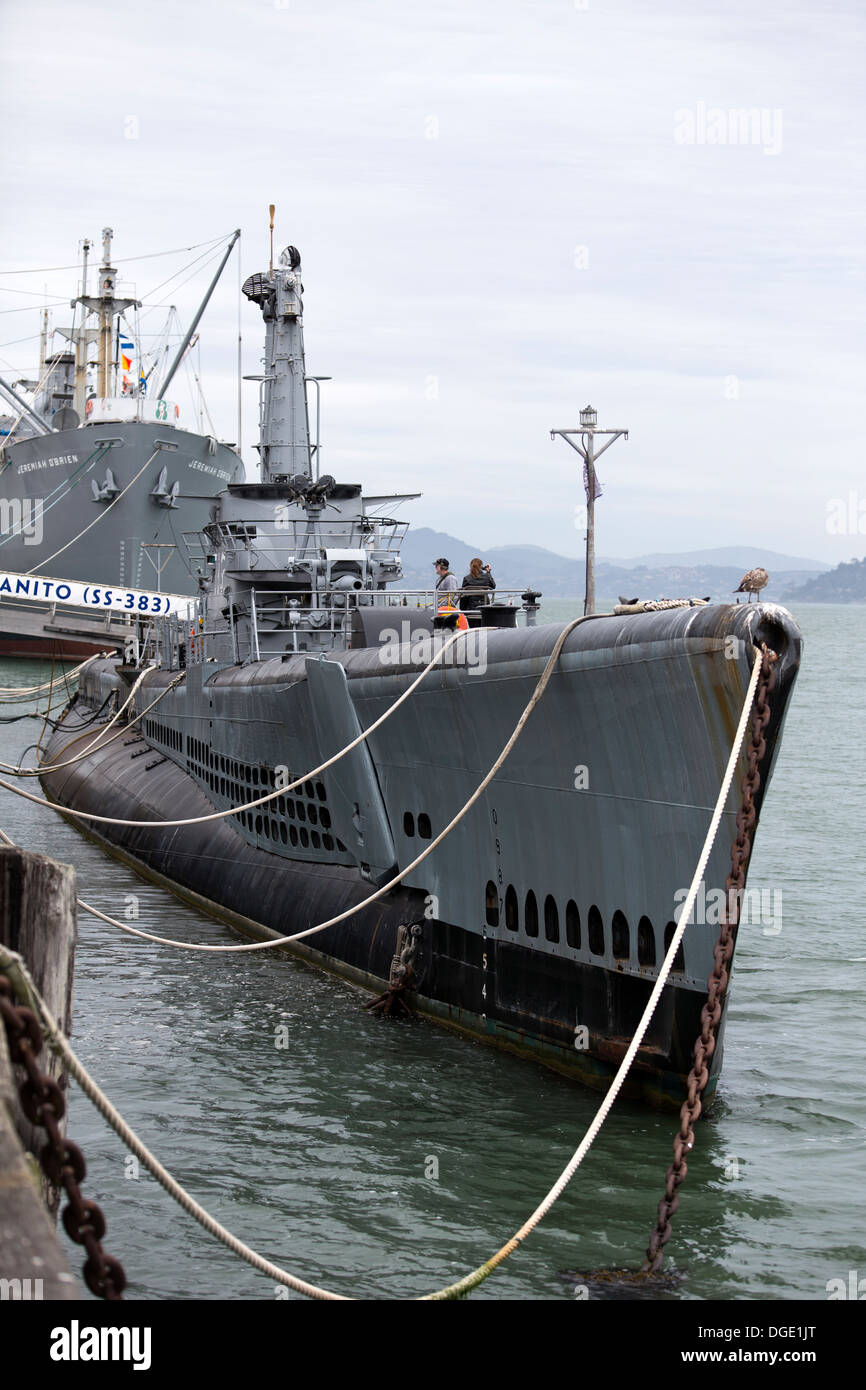 USS Pampanito vertäut ein WW2 US Navy u-Boot am Pier 45, San Francisco, Kalifornien, USA. Stockfoto