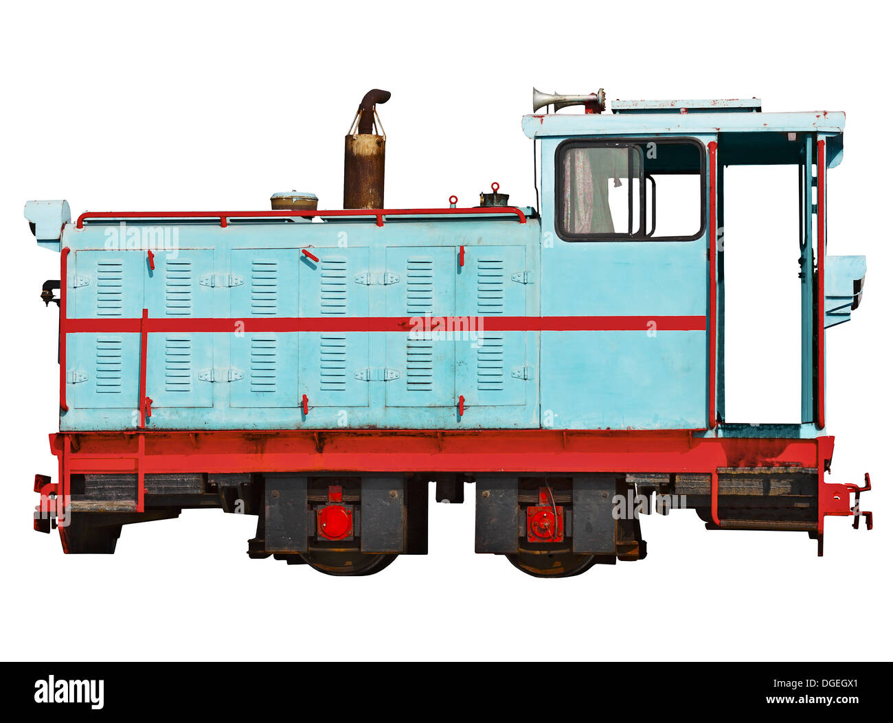 Vintage-Lokomotive für eine Schmalspurbahn, die isoliert auf weißem Hintergrund Stockfoto