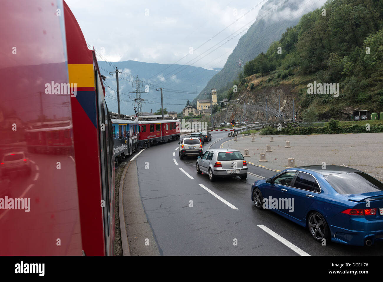 Bernina-Express-Bahnhof nahenden Tirano an der italienischen Grenze. Rhätische Bahn. Stockfoto